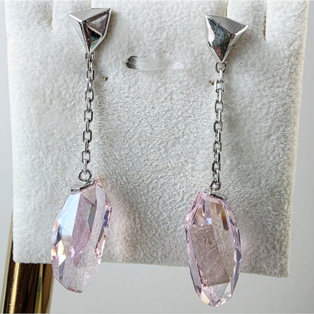 Swarovski Pink Crystal Shard Drop Earrings Silver Tone Geometric Pyramid Studs